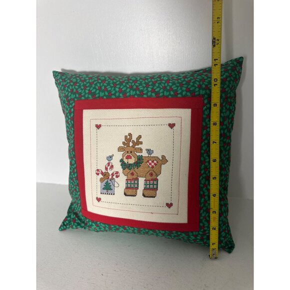 Handmade Cross Stitch Reindeer Christmas Pillow With Red & Green Holly Design 12 - Picture 6 of 7